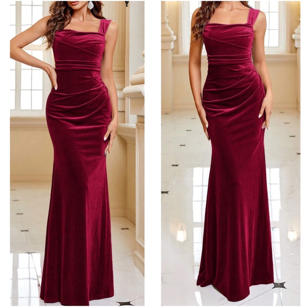 Luxe Velvet Ruched Party Formal Wedding Black Tie Maxi Dress - Picture 1 of 6
